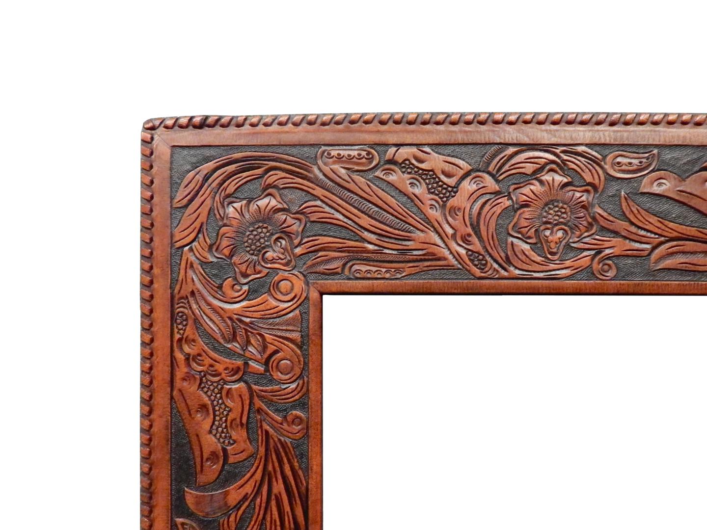 leather frame with hand tooled/tooling western floral design and hand stitch edge lacing