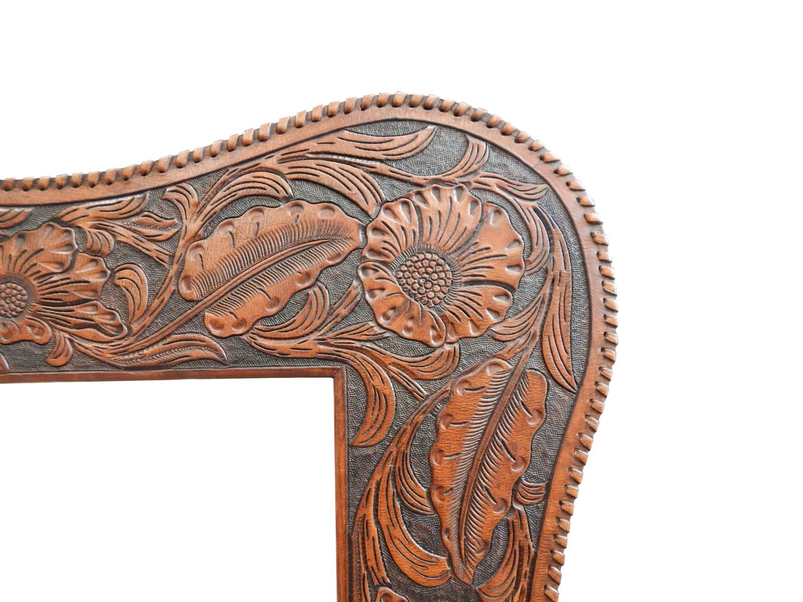 leather frames western hand tooled/tooling floral wyoming design with Serpentine shape, hand stitch edge lacing